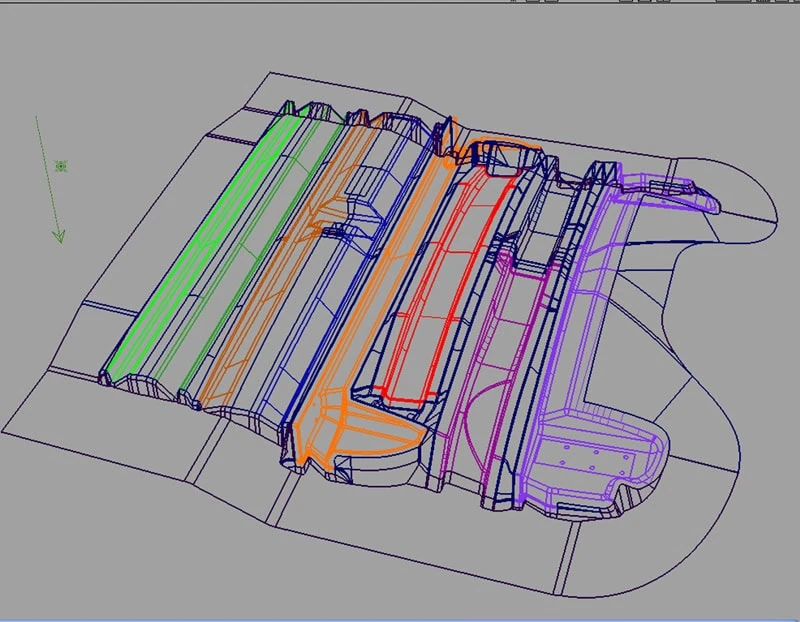 CAD drawing of mould design for fibreglass, with different sections outlined in colours